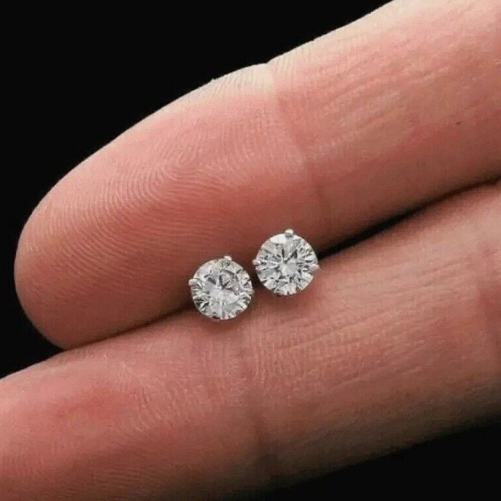 2 Ct Round Cut VVS Stud Earrings 14K White Gold 7mm Screw Back